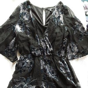 Black romper with black and silver velvet flowers, flowy sheer sleeves